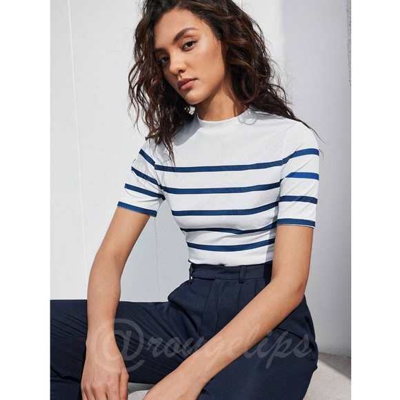 Striped Blue on White Slim Short Sleeve Tee Shirt High Neck - Picture 7 of 10